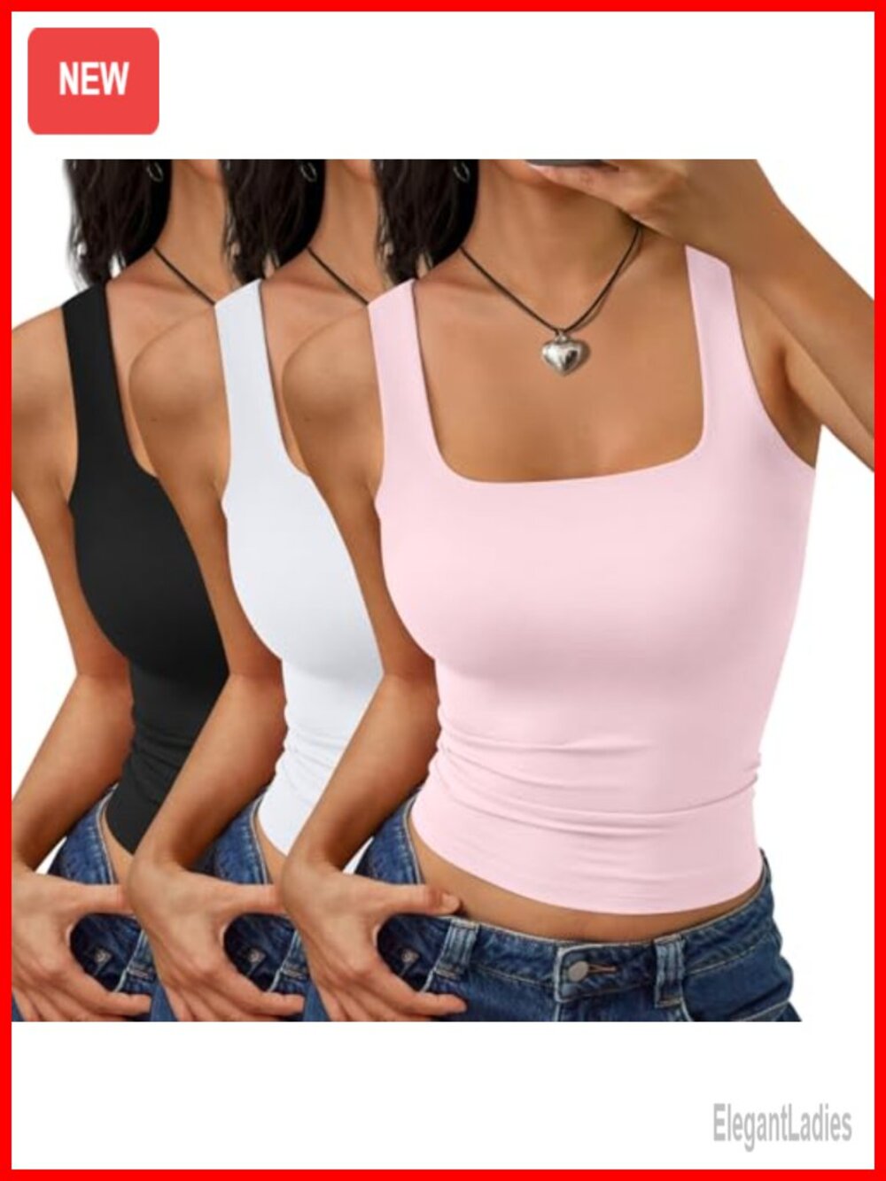 Double Lined Square Neck Sleeveless Crop Tank Tops 3 Pack